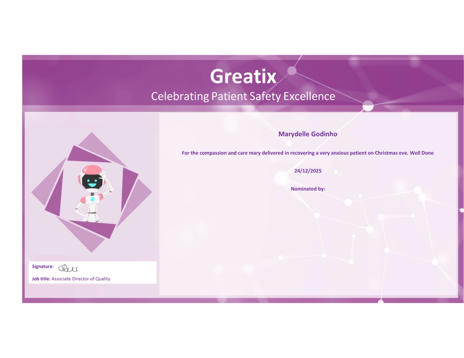 Greatix patient safety excellence award certificate for Marydielle Godinho, December 2025, recognising compassionate care of a highly anxious patient on Christmas Eve.