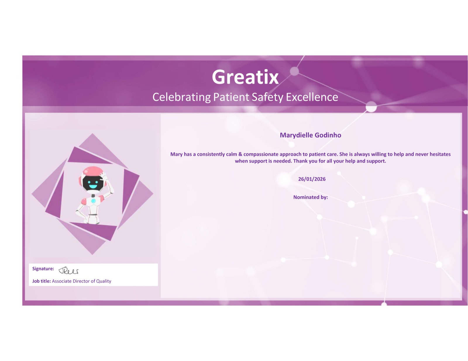 Greatix patient safety excellence award certificate for Marydielle Godinho, January 2026, recognising a consistently calm and compassionate approach to patient care.